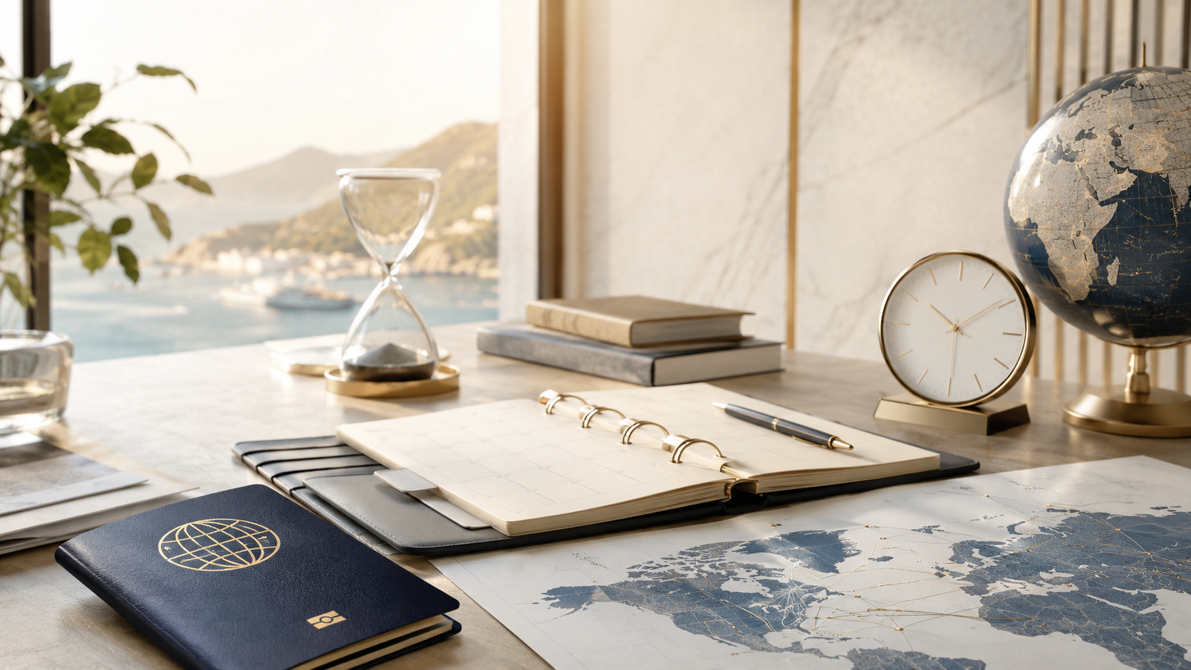 Global residency planning for 2026 with passport, calendar, clock and international map.